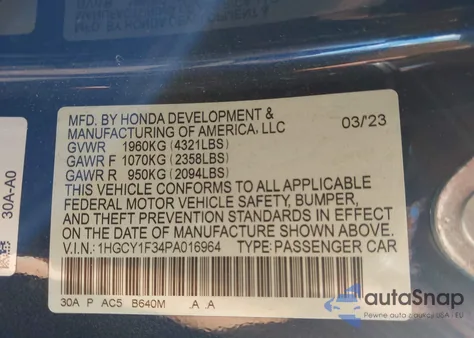 2023 Honda Accord Ex z USA, uszkodzony, nr VIN 1HGCY1F34PA016964